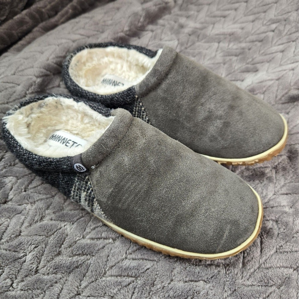 Minnetonka Tahoe Scuff Slipper Leather Suede Women's Sz 7M Gray Slides Warm Cozy